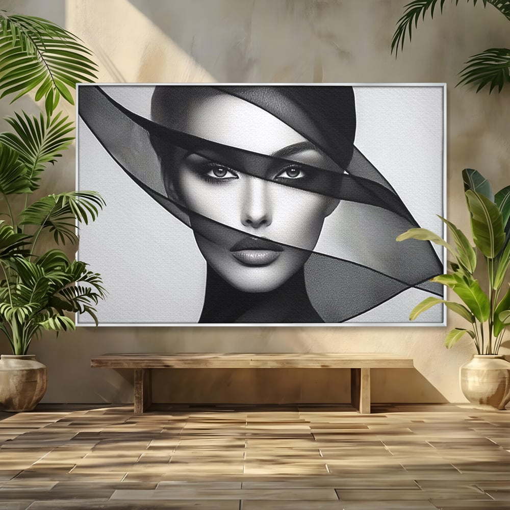 Tablou canvas cu tablou canvas cu femeie si voal negru, in rama de aluminiu argintiu
